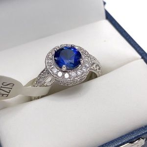 Sterling Silver Sapphire Engagement Ring with CZ Halo